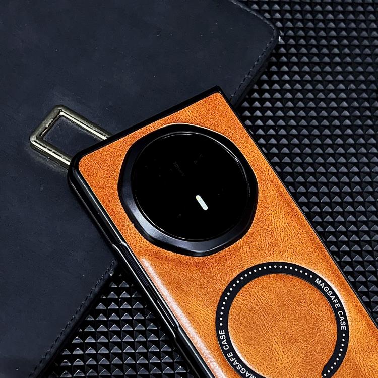 Brown/orange MagSafe magnetic phone case with circular camera opening and ring Magsafe pad