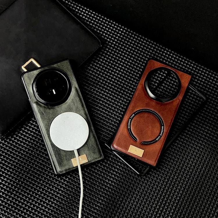 Two MagSafe magnetic phone cases: dark gray with ring pad and brown/orange with ring pad