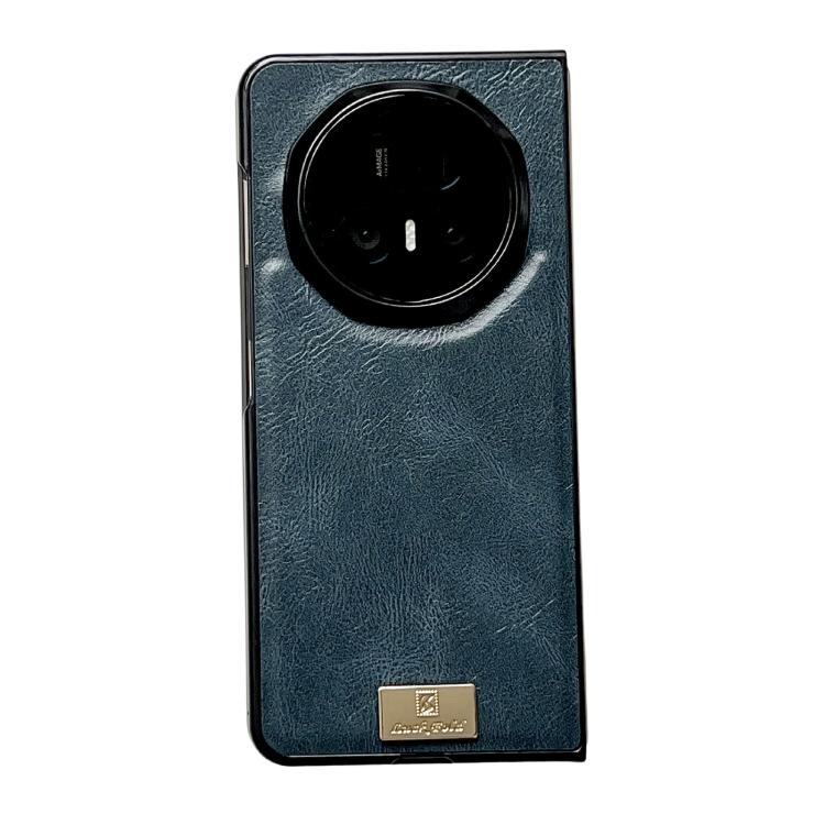 Blue textured PU phone case with circular camera cutout and gold logo patch.