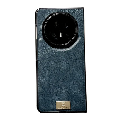 Blue textured PU phone case with circular camera cutout and gold logo patch.