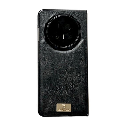 Black textured PU phone case with circular camera cutout and gold logo patch.