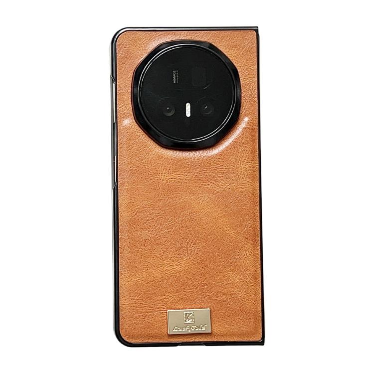 Orange-brown textured PU phone case with circular camera cutout and gold logo patch.