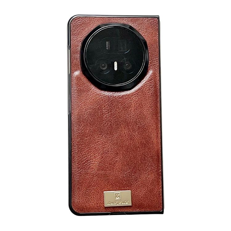 Red textured PU phone case with circular camera cutout and gold logo patch.