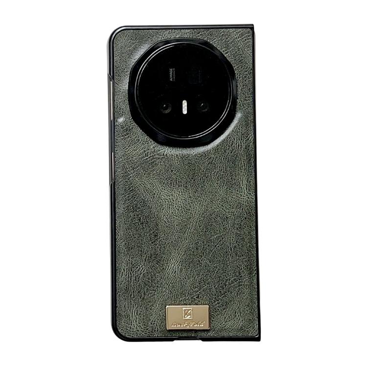Dark green textured PU phone case with circular camera cutout and gold logo patch.