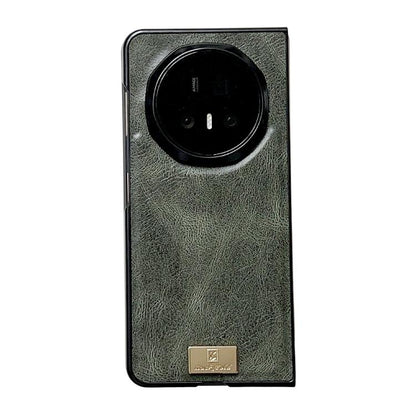 Dark green textured PU phone case with circular camera cutout and gold logo patch.