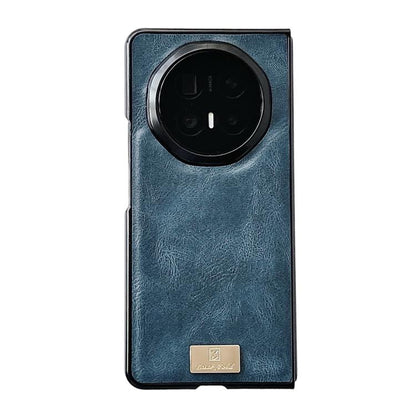 Blue crazy horse texture PU phone case with large circular camera cutout and branding patch