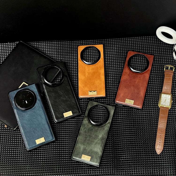 Assorted colors of crazy horse texture PU phone cases with circular camera cutouts and straps