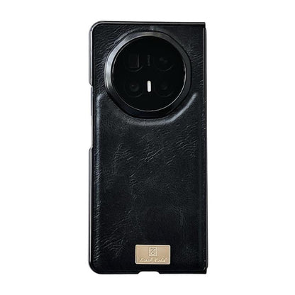Black crazy horse texture PU phone case with large circular camera opening and gold branding patch