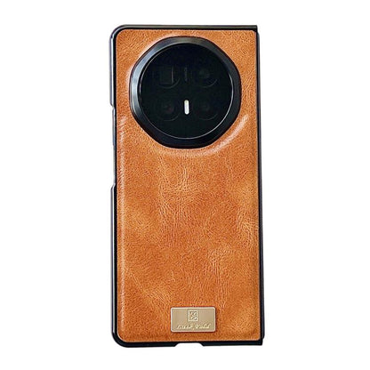Tan/orange crazy horse texture PU phone case with large circular camera cutout and logo patch