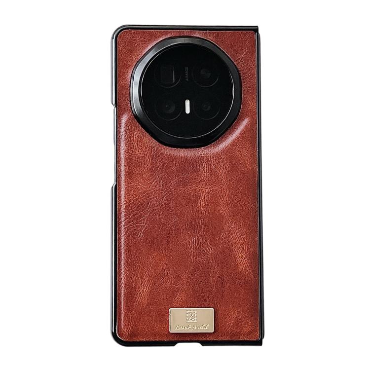 Red/burgundy crazy horse texture PU phone case with large circular camera cutout and gold patch
