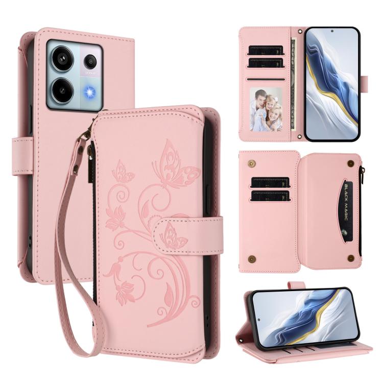 Butterfly Love Flower Multi-card Zipper Wallet Leather Phone Case, For Redmi 13C 4G / 5G / Poco C65, For Redmi Note 13 4G, For Redmi Note 13 Pro 5G / Poco X6, For Redmi Note 13 5G, For Redmi Note 13 Pro+, For Redmi 12 4G / 5G / Note 12R                ...