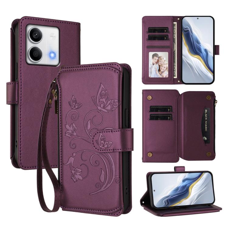 Butterfly Love Flower Multi-card Zipper Wallet Leather Phone Case, For Redmi 13C 4G / 5G / Poco C65, For Redmi Note 13 4G, For Redmi Note 13 Pro 5G / Poco X6, For Redmi Note 13 5G, For Redmi Note 13 Pro+, For Redmi 12 4G / 5G / Note 12R                ...