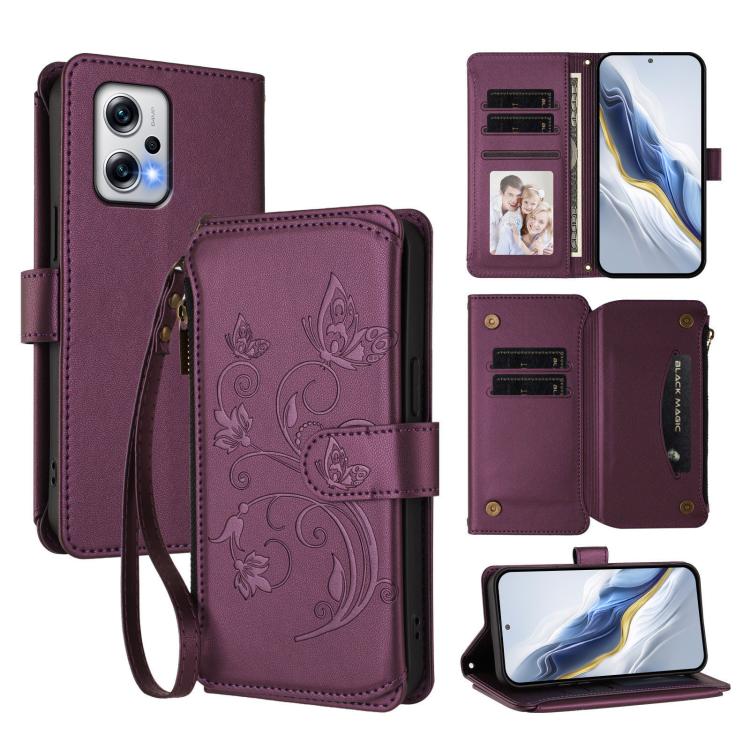 Butterfly Love Flower Multi-card Zipper Wallet Leather Phone Case, For Redmi 13C 4G / 5G / Poco C65, For Redmi Note 13 4G, For Redmi Note 13 Pro 5G / Poco X6, For Redmi Note 13 5G, For Redmi Note 13 Pro+, For Redmi 12 4G / 5G / Note 12R                ...