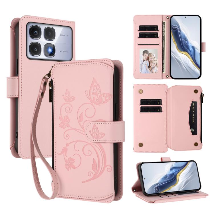 Butterfly Love Flower Multi-card Zipper Wallet Leather Phone Case, For Redmi 13 4G / 5G / 13x / Poco M6 4G, For Redmi A5 4G 173.3mm, For Redmi Note 14S 4G / Note 13 Pro 4G, For Redmi Note 14 4G 164.84mm, For Redmi Note 14 Pro 5G / Note 14 Pro+ 5G      ...