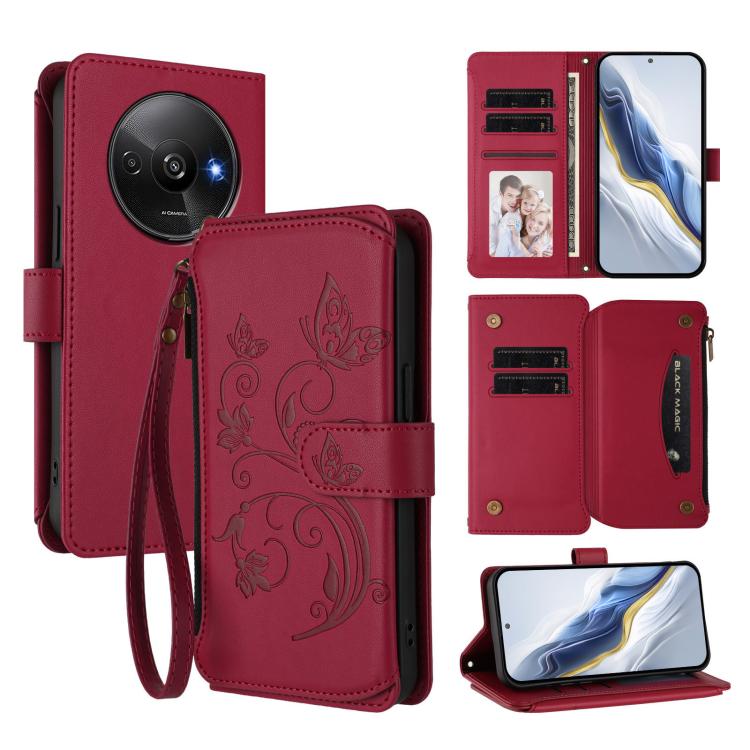 Butterfly Love Flower Multi-card Zipper Wallet Leather Phone Case, For Redmi 13 4G / 5G / 13x / Poco M6 4G, For Redmi A5 4G 173.3mm, For Redmi Note 14S 4G / Note 13 Pro 4G, For Redmi Note 14 4G 164.84mm, For Redmi Note 14 Pro 5G / Note 14 Pro+ 5G      ...