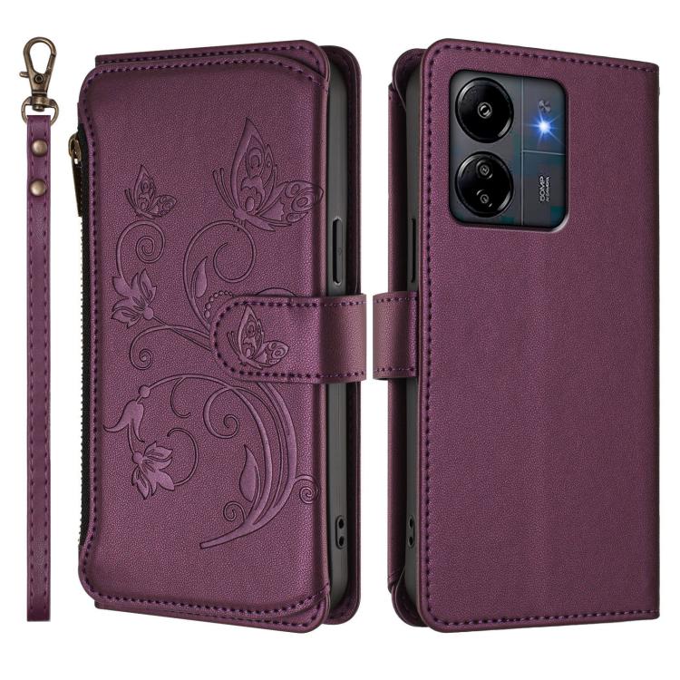 Butterfly Love Flower Multi-card Zipper Wallet Leather Phone Case, For Redmi 13C 4G / 5G / Poco C65, For Redmi Note 13 4G, For Redmi Note 13 Pro 5G / Poco X6, For Redmi Note 13 5G, For Redmi Note 13 Pro+, For Redmi 12 4G / 5G / Note 12R                ...