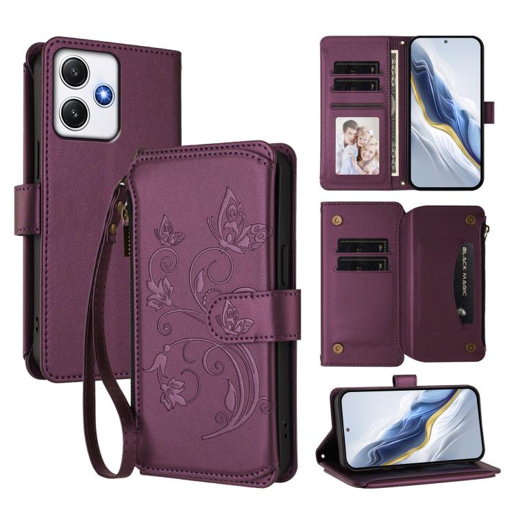 Butterfly Love Flower Multi-card Zipper Wallet Leather Phone Case, For Redmi 13C 4G / 5G / Poco C65, For Redmi Note 13 4G, For Redmi Note 13 Pro 5G / Poco X6, For Redmi Note 13 5G, For Redmi Note 13 Pro+, For Redmi 12 4G / 5G / Note 12R                ...