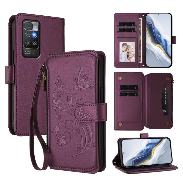 Butterfly Love Flower Multi-card Zipper Wallet Leather Phone Case, For Redmi 10 2022