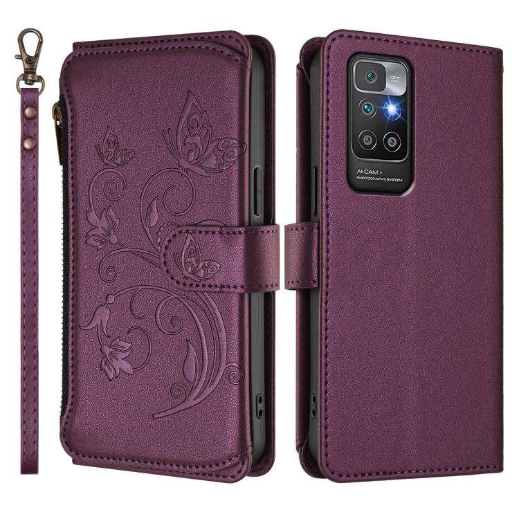 Butterfly Love Flower Multi-card Zipper Wallet Leather Phone Case, For Redmi 10 2022