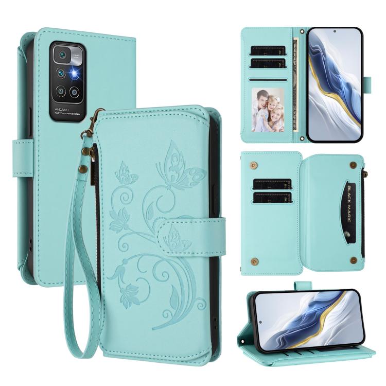 Butterfly Love Flower Multi-card Zipper Wallet Leather Phone Case, For Redmi 10 2022