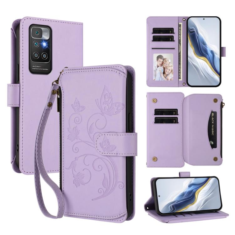 Butterfly Love Flower Multi-card Zipper Wallet Leather Phone Case, For Redmi 10 2022