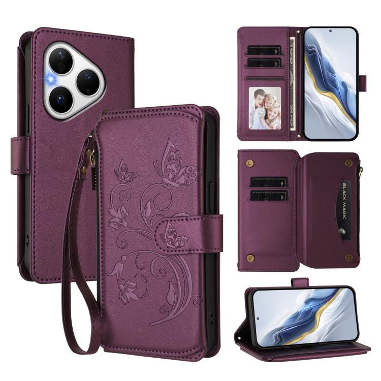 Butterfly Love Flower Multi-card Zipper Wallet Leather Phone Case, For Huawei nova 14 5G / 15 / 16z, For Huawei nova 16, For Huawei Mate 70 Air 5G, For Huawei Pura 80 Ultra 5G, For Huawei Pura 80 Pro 5G, For Huawei Pura 80 5G, For Huawei Enjoy 80s 4G  ...