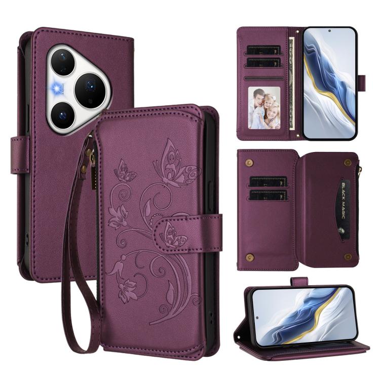 Butterfly Love Flower Multi-card Zipper Wallet Leather Phone Case, For Huawei nova 14 5G / 15 / 16z, For Huawei nova 16, For Huawei Mate 70 Air 5G, For Huawei Pura 80 Ultra 5G, For Huawei Pura 80 Pro 5G, For Huawei Pura 80 5G, For Huawei Enjoy 80s 4G  ...