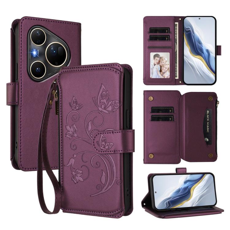 Butterfly Love Flower Multi-card Zipper Wallet Leather Phone Case, For Huawei nova 14 5G / 15 / 16z, For Huawei nova 16, For Huawei Mate 70 Air 5G, For Huawei Pura 80 Ultra 5G, For Huawei Pura 80 Pro 5G, For Huawei Pura 80 5G, For Huawei Enjoy 80s 4G  ...