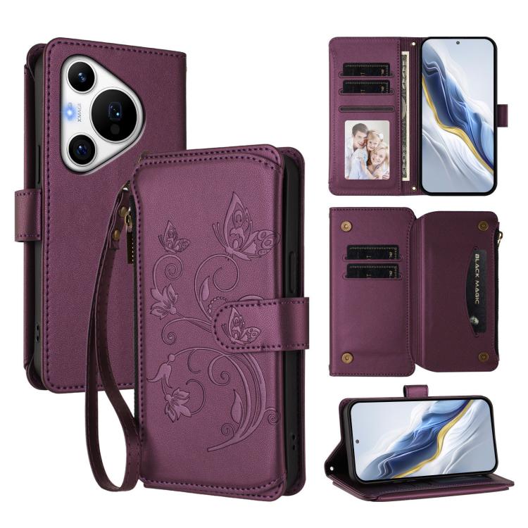 Butterfly Love Flower Multi-card Zipper Wallet Leather Phone Case, For Huawei Mate 70 Pro, For Huawei Mate 70, For Huawei nova 13 Pro, For Huawei nova 13 / 12, For Huawei Pura 70 Pro / 70 Pro+, For Huawei nova 12S 4G / 11 4G / 5G, For Huawei Pura 70   ...