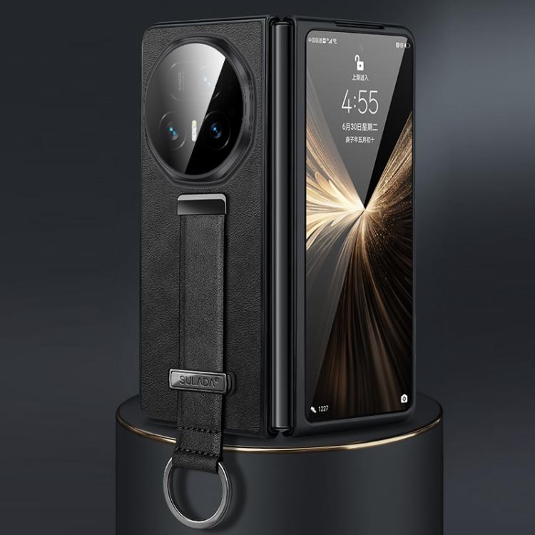 Hybrid leather-texture shockproof phone case with wrist strap, black.