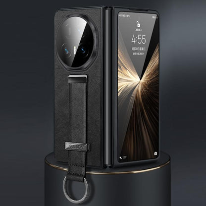 Hybrid leather-texture shockproof phone case with wrist strap, black.
