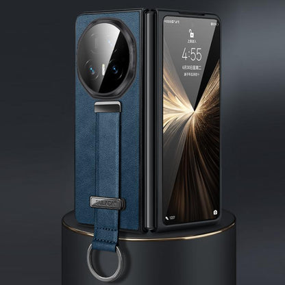 Hybrid leather-texture shockproof phone case with wrist strap, blue.