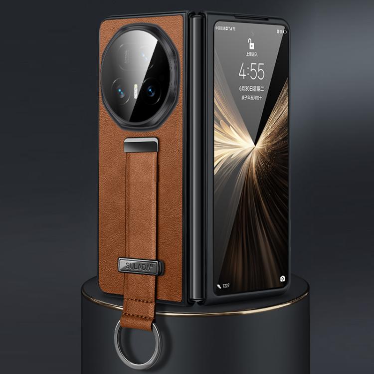 Hybrid leather-texture shockproof phone case with wrist strap, brown.