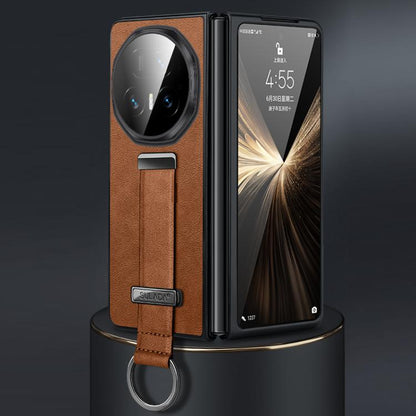 Hybrid leather-texture shockproof phone case with wrist strap, brown.