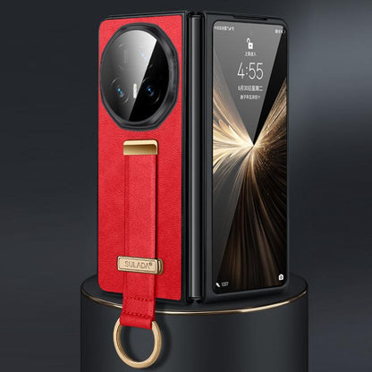 Hybrid leather-texture shockproof phone case with wrist strap, red.