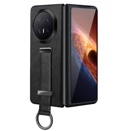Leather-textured phone case with camera cutout and black wrist strap ring, for phone support