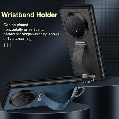 Leather-textured phone case with retractable wrist strap ring and camera cutout, blue