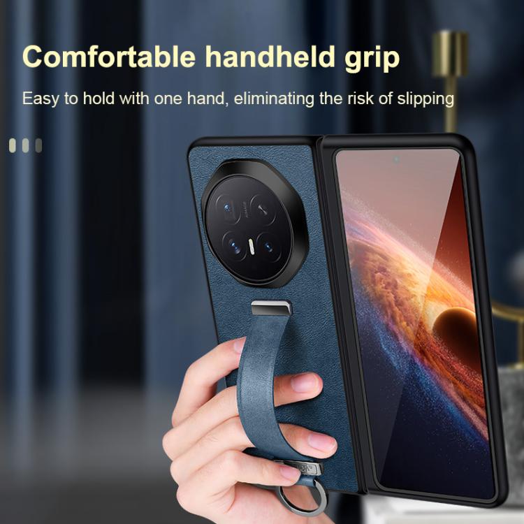 Blue leather-textured phone case with camera cutout and wrist strap ring, held in hand