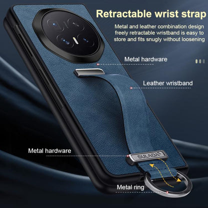 Blue phone case with leather-textured front, metal ring, and retractable wrist strap