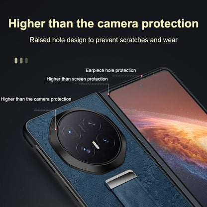 Blue leather-textured phone case with raised camera protection and wrist strap