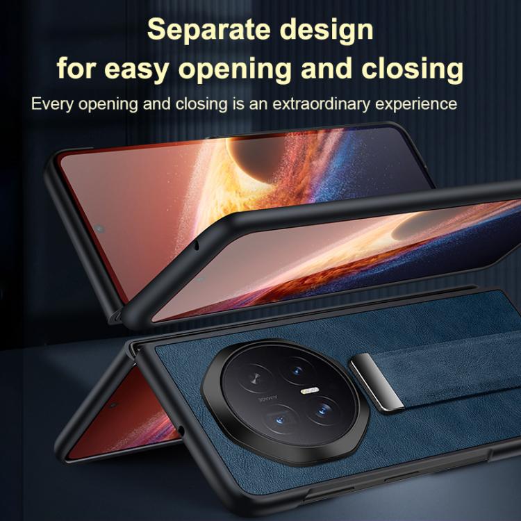 Blue leather-textured phone case with wrist strap, front cover open at angles