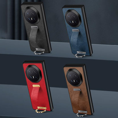 Phone case with wrist strap shown in multiple colors: black, blue, red, and brown