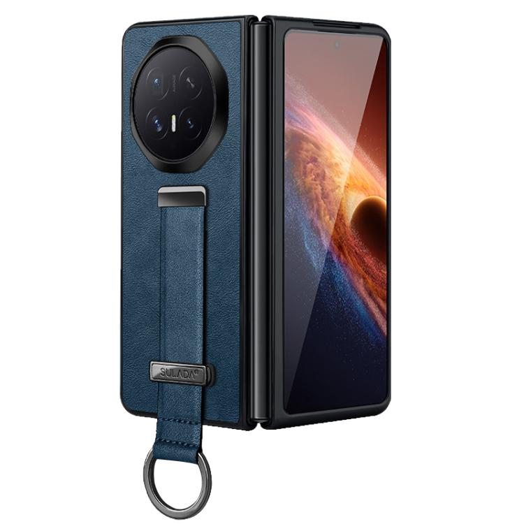 Blue leather-textured phone case with camera cutout and wrist strap ring