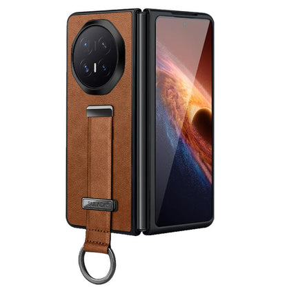 Brown leather-textured phone case with camera cutout and wrist strap ring