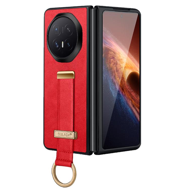 Red leather-textured phone case with camera cutout and wrist strap ring