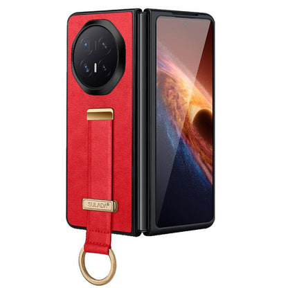 Red leather-textured phone case with camera cutout and wrist strap ring