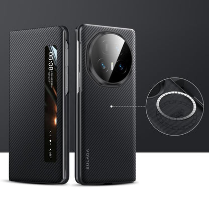 Smart window leather phone case with textured black finish and camera cutout for folding grip