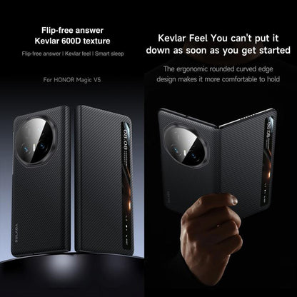 Kevlar 600D texture smart window phone case with flip cover and camera lens opening, blue-black