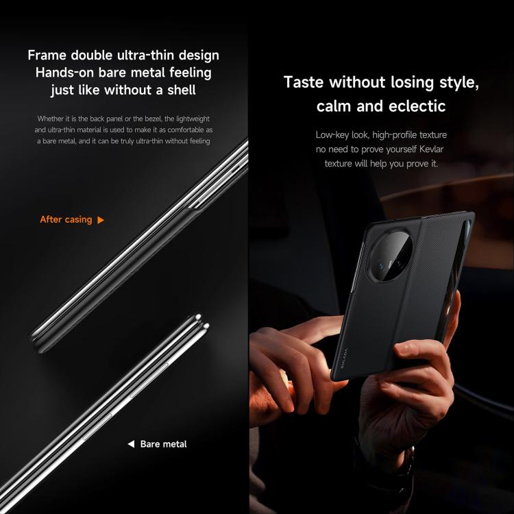 Slim flip phone case with textured surface and metal-like edge accents, featuring a camera window