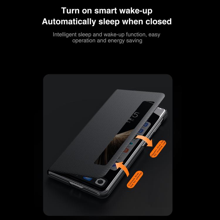 Smart wake-up folding phone case with textured black cover and hidden cutout for phone window